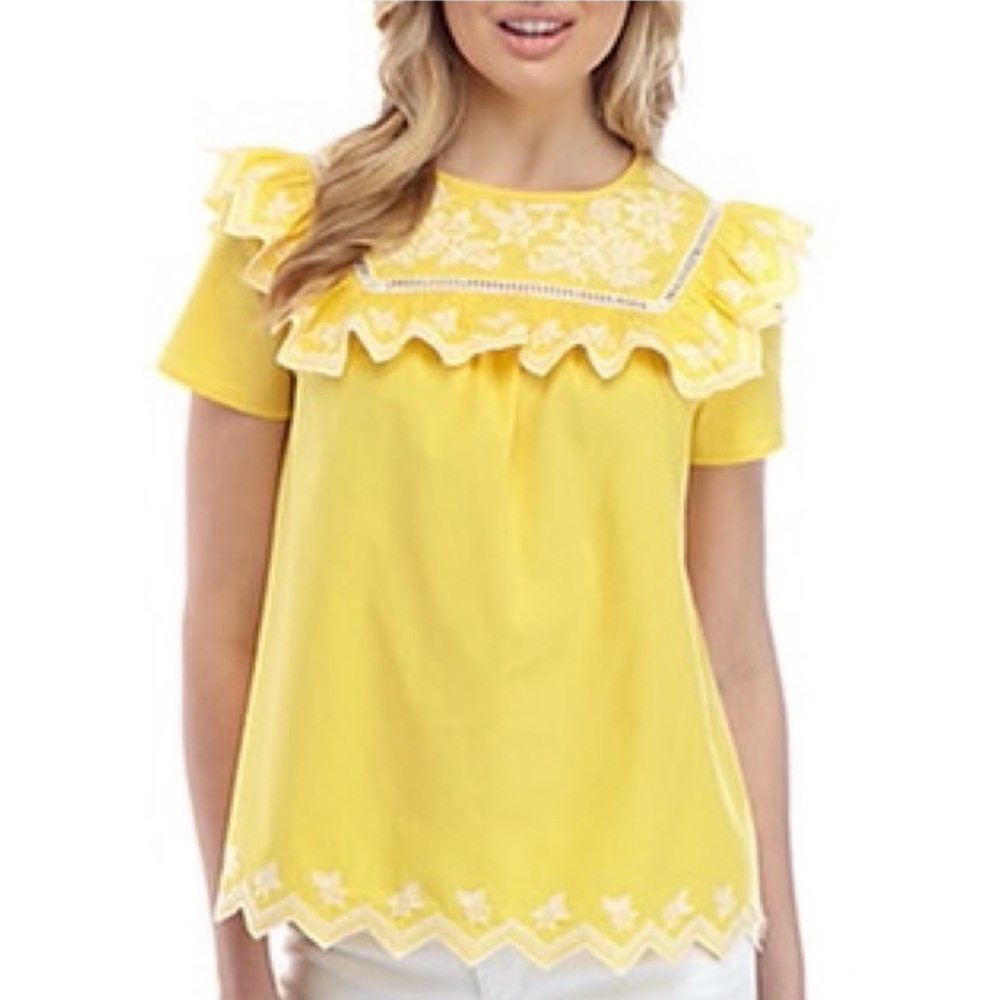 Crown & Ivy | Embroidered Ruffle Yoke Short Sleeve Zigzag Hem Top Yellow/White M